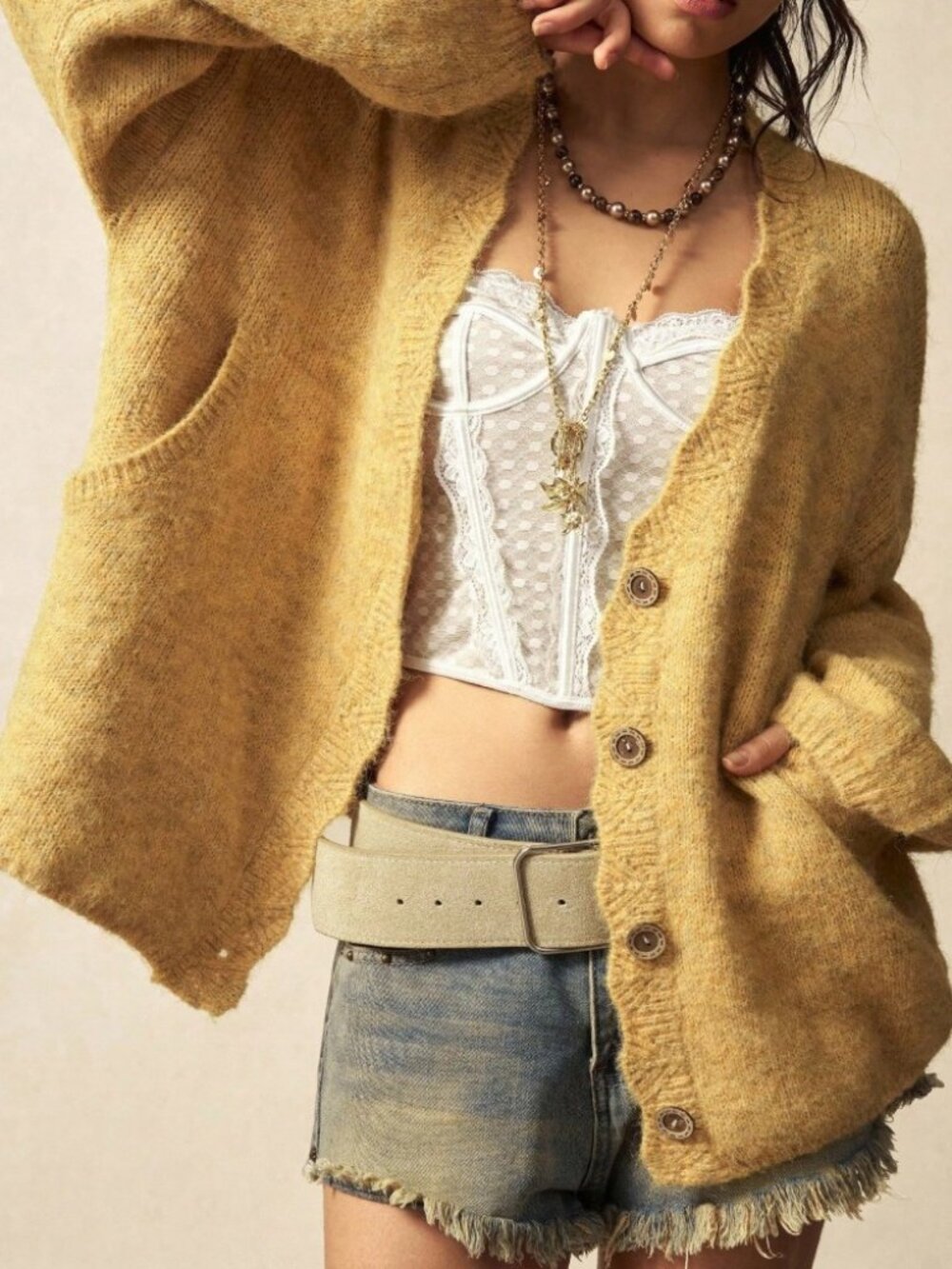 Golden Yellow Knit Cardigan, Loose V-Neck Button Front - Picture 2 of 8